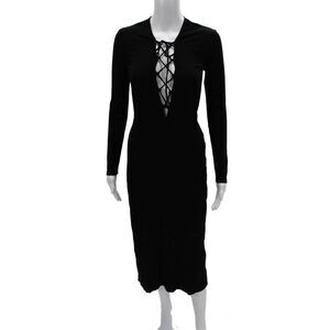 Reformation Womens Black Sheath Midi Dress Lace Up Long Sleeve Tencel Size S